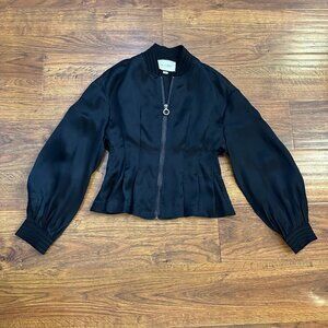 Alexis Nipped-Waist Peplum Silk Bomber Jacket XS